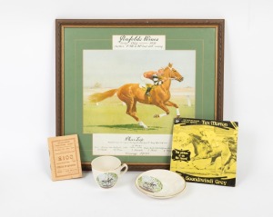 6th May 1912 Melbourne Trotting Club Official Programme for the races to be held on that day at the Richmond Racecourse; a cup and saucer set celebrating "Gunsynd"; a 45rpm of Tex Morton singing "The Goondiwindi Grey"; and a framed print of Phar Lap with 