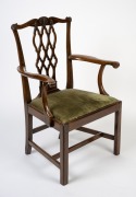 An antique Irish mahogany Chippendale armchair with finely carved scroll terminals to the arm rests, fretted back splat, cogwheel carving and shell decoration, 18th century, 100cm high, 68cm across the arms. - 2