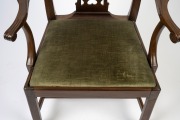 An antique Irish mahogany Chippendale armchair with finely carved scroll terminals to the arm rests, fretted back splat, cogwheel carving and shell decoration, 18th century, 100cm high, 68cm across the arms. - 4