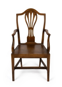 An antique English oak and elm provincial Hepplewhite armchair, 18th century, 103cm high, 58cm across the arms.