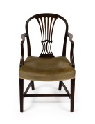 An antique English mahogany Hepplewhite armchair with fretted back splat, 18th century, 95cm high, 52cm across the arms.