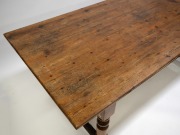 A Baltic pine scullery table with turned legs and stretcher base, South Australian origin, 76cm high, 198cm wide, 90cm deep. - 3