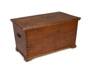 An antique Australian cedar blanket box of tapering sarcophagus form with exposed dovetail construction, with block feet and wrought iron carrying handles, 19th century, 52cm high, 93cm wide, 59cm deep.