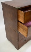 An antique mahogany two part military campaign chest with flush fitted handles and brass capped corners, standing on block feet, 19th century, 96cm high, 83cm wide, 46cm deep. - 3