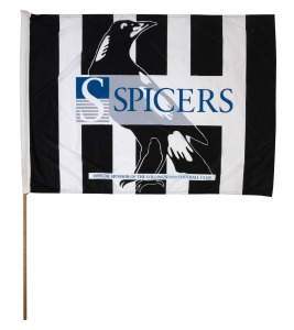 COLLINGWOOD: A 1990s nylon flag by Carroll and Richardson, featuring club logo and Spicers sponsorship branding (likely cheer squad issue); flag dimensions 88 x 125cm.