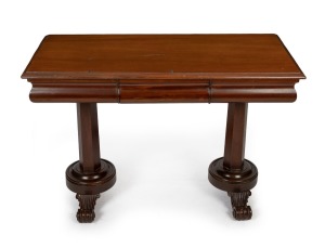 An antique Australian cedar side table with ogee moulded single drawer apron supported by two faceted tapering pedestals on finely carved scroll feet, full cedar secondary construction, Sydney origin, circa 1850, ​​​​​​​73cm high, 107cm wide, 50cm deep.