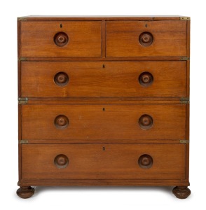 An antique Anglo-Indian teak two part military campaign chest with recessed turned drawer pulls and flush fitted brass hardware, 19th century, 98cm high, 91cm wide, 44cm deep.