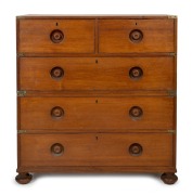 An antique Anglo-Indian teak two part military campaign chest with recessed turned drawer pulls and flush fitted brass hardware, 19th century, ​​​​​​​98cm high, 91cm wide, 44cm deep.