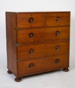 An antique Anglo-Indian teak two part military campaign chest with recessed turned drawer pulls and flush fitted brass hardware, 19th century, ​​​​​​​98cm high, 91cm wide, 44cm deep. - 2