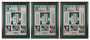 DON BRADMAN: Three identical displays incorporating eight 1997 Australia Post "Australian Legends" products, the central stamp pack featuring Bradman's original signature in permanent marker, with plaque at bottom that reads "Inaugural Australian Legends 
