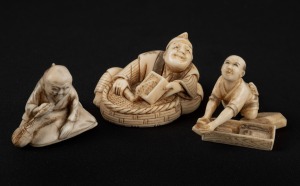Two Japanese carved ivory figural netsuke, together with a carved ivory miniature okimono, Meiji period 19th/20th century, (3 items), the largest 5cm wide.