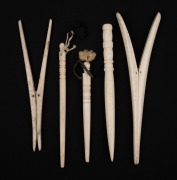 Two antique whalebone glove stretchers, together with three large size whalebone bodkins, 19th century, (5 items), ​​​​​​​18cm high.