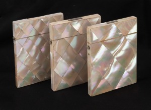 Three antique mother of pearl calling card cases, 19th century, the largest 10.5cm high.