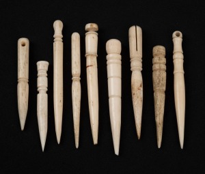 Nine assorted antique turned whalebone bodkins, 19th century, the largest 7.5cm long.