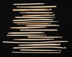 Twenty one assorted antique whalebone crochet hooks, 18th/19th century, ​​​​​​​the largest 21cm long.