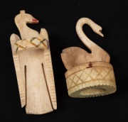 Two antique carved whalebone bird ornaments, one with remains of polychrome finish, 19th century, ​​​​​​​12.5cm and 9.5cm high. - 2