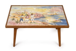 YVONNE BOYD a fifteen tile-top coffee table with hand-painted decoration signed lower right "Y. BOYD", mid 20th century, 44cm high, 79cm wide, 42cm deep.