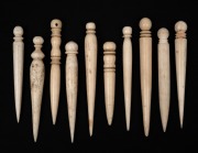 Ten assorted antique turned whalebone bodkins, 19th century, ​​​​​​​the largest 8.5cm long.