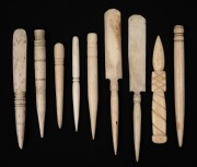 Nine assorted antique turned whalebone bodkins and implements, 19th century, ​​​​​​​the largest 10cm long.