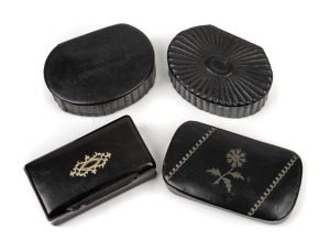 Four assorted antique English papier-mâché snuff boxes, two inlaid with silver decoration, early to mid 19th century, the largest 7cm wide.