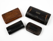Four assorted antique English papier-m&acirc;ch&eacute; and carved timber snuff boxes, early to mid 19th century, ​​​​​​​the largest 8.5cm wide.