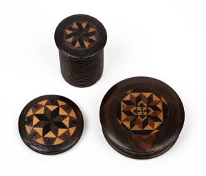 TUNBRIDGE WARE sewing thread holder, needle holder and circular box, 19th century, (3 items), ​​​​​​​the largest 5cm diameter.