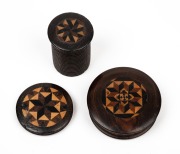 TUNBRIDGE WARE sewing thread holder, needle holder and circular box, 19th century, (3 items), ​​​​​​​the largest 5cm diameter.