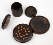 TUNBRIDGE WARE sewing thread holder, needle holder and circular box, 19th century, (3 items), ​​​​​​​the largest 5cm diameter. - 2