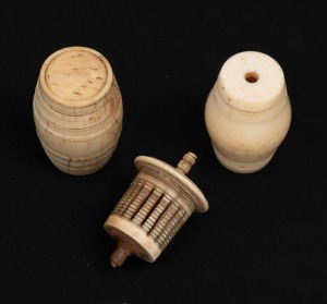 Antique whalebone and whale tooth thimble holder, thread dispenser and tape measure, 19th century, (3 items), the largest 4cm high.