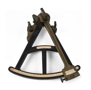 SPENCER BARRETT & Co. antique English ebony and brass octant frame with ivory register plate and maker's plaque, 19th century, 31cm high.