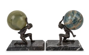 A pair of vintage cast bronze, onyx and blue stone "Atlas" figural bookends, 20th century, 20cm high.
