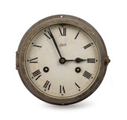 SCHATZ German brass cased maritime bulkhead clock with time and strike movement, 20th century, 18cm diameter.