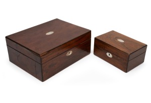 Two antique English rosewood jewellery boxes, the larger fitted with silk lined tray with compartments, 19th century, ​​​​​​​the larger 30cm wide.