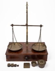Antique gold scales on mahogany single drawer base, with cup weights and assorted weights, 19th century, 48cm high, 35cm wide, 19cm deep.