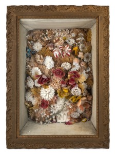 An antique sailor's sweetheart shell diorama in original gilt frame, 19th century, 37cm high, 52cm wide, 14cm deep.