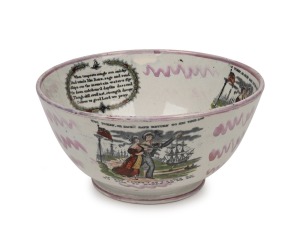 SUNDERLAND WARE antique English lustre pottery sailor's bowl with vignettes titled "Crimea" and "A West View Of The Cast Iron Bridge Over The River Wear..." and others, mid 19th century, 13cm high, 27cm diameter.