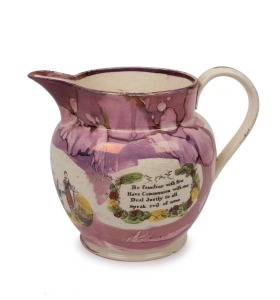 SUNDERLAND WARE antique English lustre pottery jug with tallship vignette and limericks, circa 1840s, 20cm high, 24cm wide.