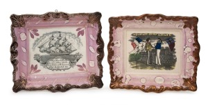 SUNDERLAND WARE group of two antique English lustre pottery plaques with maritime themes, circa 1840s, 23cm and 24cm wide.