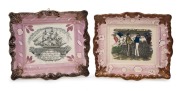 SUNDERLAND WARE group of two antique English lustre pottery plaques with maritime themes, circa 1840s, 23cm and 24cm wide.
