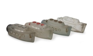 Four assorted vintage Argentinian Art Deco glass "Carameleras" jars (two with original lids), circa 1930s, 24cm long.