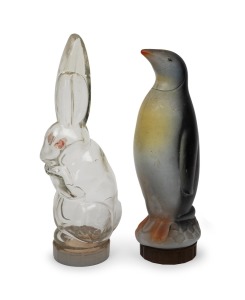 Two vintage Argentinian Art Deco "Carameleras" glass rabbit and penguin jars with original lids, circa 1930s, ​​​​​​​27cm and 29cm high.