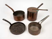 Four assorted antique copper saucepans and pots (one with lid), 19th/20th century, ​​​​​​​the largest 14cm high.