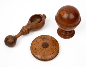 Antique fruitwood treen ware nutcracker, and two boxes, 18th/19th century, (3 items), the largest 15cm long.