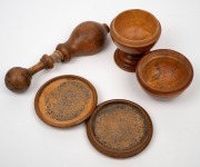 Antique fruitwood treen ware nutcracker, and two boxes, 18th/19th century, (3 items), the largest 15cm long. - 2