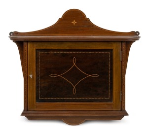 An antique English Sheridan Revival mahogany wall cabinet with inlaid decoration, late 19th century, 44cm high, 55cm wide, 17cm deep.