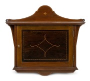 An antique English Sheridan Revival mahogany wall cabinet with inlaid decoration, late 19th century, 44cm high, 55cm wide, 17cm deep.