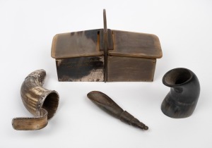A vintage Argentinian silver mounted horn spirit cup, a carved horn box, carved horn scoop, and a carved horn vessel, 19th/20th century, (4 items), the box 22cm wide.