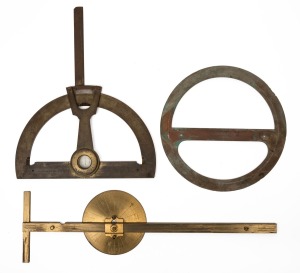 L. BRAHAM & Co. antique English brass extension protractor, TROUGHTON & SIMS English brass circular protractor, and an American brass coarse reckoner, 19th/20th century, (3 items), the reckoner 40.5cm long.