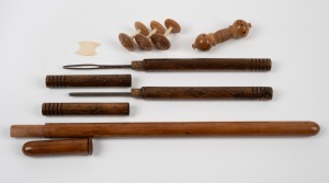 Antique timber knitting needle cases, needles, cotton spools, etc., 19th century, (qty).