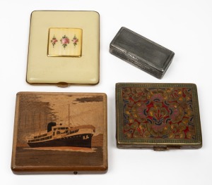 259 · A vintage timber cigarette case with marquetry ship decoration and spring loaded mechanism; together with an Indian brass and enamel cigarette case, a yellow enamel and gilt metal cigarette case, and an antique pewter snuff box, 19th and 20th century, (4 items), the largest 9.5cm wide.